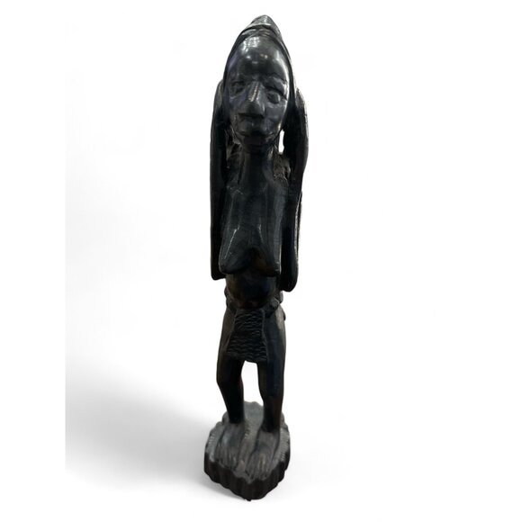 Hand-Carved Ebony Wood African Tribal Figurine fertility carrying full basket - Picture 2 of 9